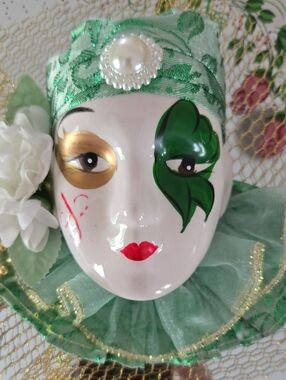 🎭 Mardi Gras Vintage Painted Mirror with Ceramic Painted Gypsy Face 🎭
